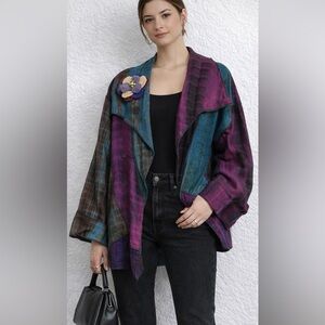 Dilemma New York Bright Pink Blue 100% Wool VTG Jacket One Size Artsy Cardigan